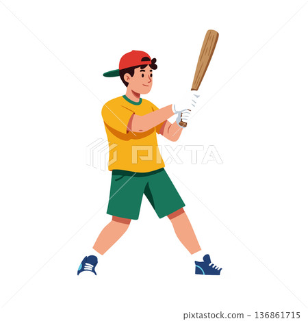 Boy playing baseball holding wooden bat in casual sportswear with red cap and blue sneakers vector illustration Boy playing baseball holding wooden bat in casual sportswear with red cap and blue sneakers vector illustration 136861715