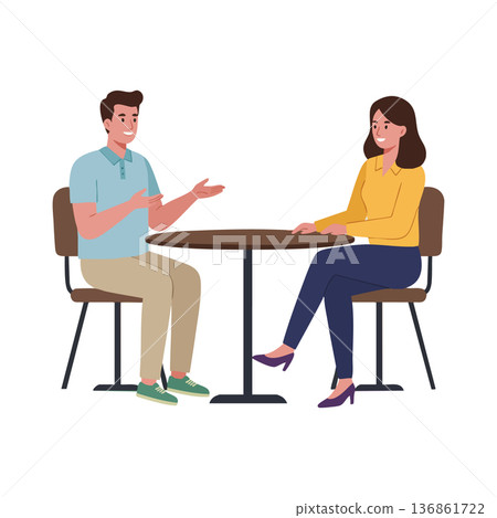 Young man and woman having friendly conversation sitting at round table indoors casual clothing vector illustration Young man and woman having friendly conversation sitting at round table indoors casual clothing vector illustration 136861722