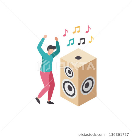 Man dancing near large speaker with colorful music notes vector illustration in modern flat style Man dancing near large speaker with colorful music notes vector illustration in modern flat style 136861727