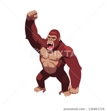 Angry gorilla roaring with raised fist aggressive pose wild animal nature strength power vector illustration 136861728