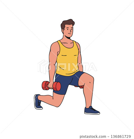 Man exercising with dumbbell in yellow tank top and blue shorts doing lunges for fitness and strength training vector illustration 136861729