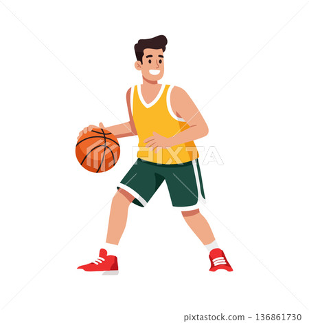 Basketball player dribbling ball wearing yellow jersey and green shorts in active sports pose vector illustration Basketball player dribbling ball wearing yellow jersey and green shorts in active sports pose vector illustration 136861730