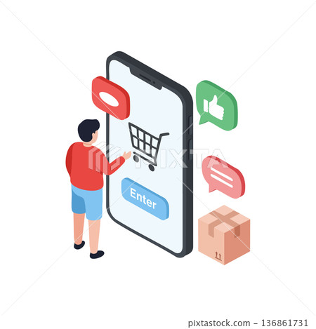 Online shopping mobile app with user interacting and social feedback icons for ecommerce retail experience Online shopping mobile app with user interacting and social feedback icons for ecommerce retail experience 136861731