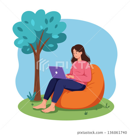 Woman working on laptop sitting on orange bean bag under tree outdoor leisure activity vector illustration 136861740