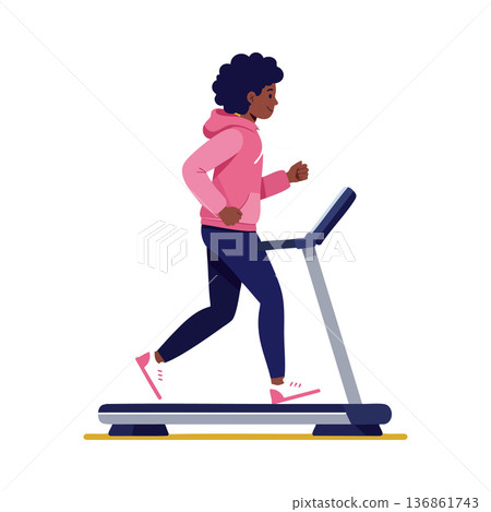 Woman running on treadmill wearing pink hoodie and navy pants fitness exercise vector illustration 136861743