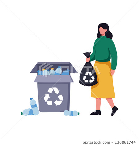 Woman sorting plastic bottles for recycling with green sweater and yellow skirt holding trash bag vector illustration 136861744