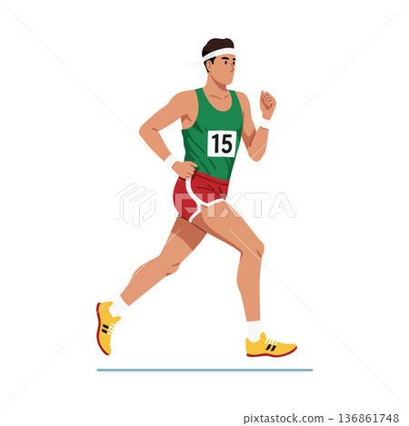 Male athlete running marathon race wearing green jersey and red shorts with yellow shoes vector illustration 136861748