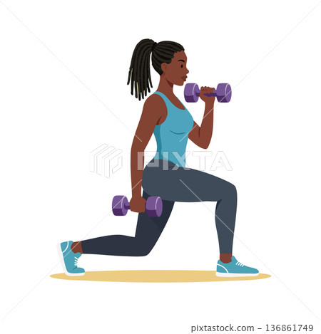 Woman exercising with dumbbells doing lunges for fitness and strength training in activewear Woman exercising with dumbbells doing lunges for fitness and strength training in activewear 136861749