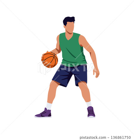 Male basketball player dribbling ball in green jersey and navy shorts vector illustration 136861750