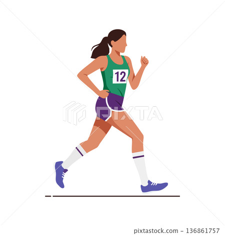 Female athlete running in purple shorts and green tank top competing in race with number twelve bib jogging fast Female athlete running in purple shorts and green tank top competing in race with number twelve bib jogging fast 136861757