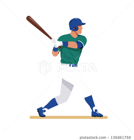 Baseball player swinging bat in blue helmet and green jersey hitting ball vector illustration Baseball player swinging bat in blue helmet and green jersey hitting ball vector illustration 136861788