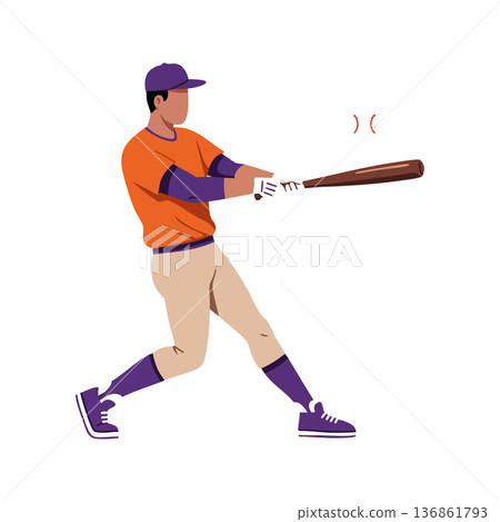 Baseball player hitting ball with bat in action dynamic pose vector illustration Baseball player hitting ball with bat in action dynamic pose vector illustration 136861793