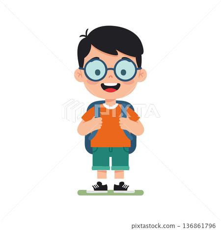 Happy boy with glasses wearing orange shirt and backpack smiling standing in casual outfit vector illustration 136861796