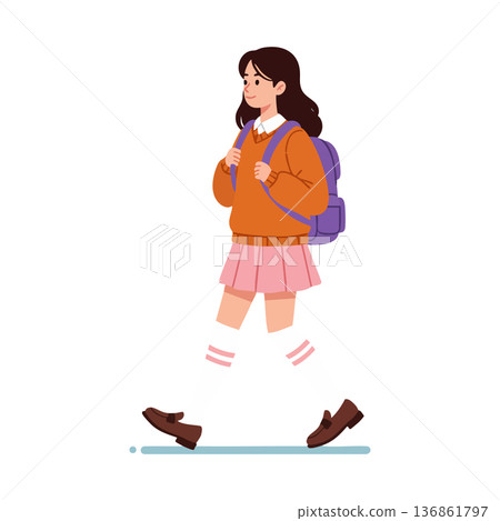Schoolgirl walking with purple backpack wearing orange sweater and pink skirt vector illustration Schoolgirl walking with purple backpack wearing orange sweater and pink skirt vector illustration 136861797