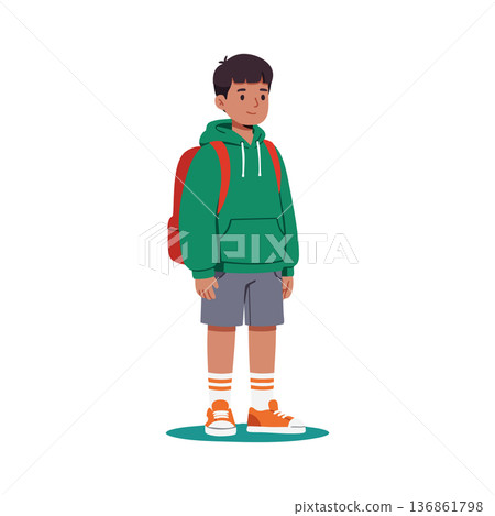 Young boy wearing green hoodie red backpack and orange shoes standing with neutral expression casual clothing vector illustration 136861798
