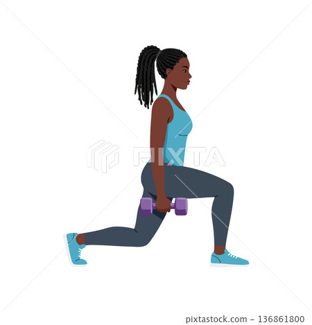 Woman exercising with dumbbells doing lunges in fitness workout routine for strength training and health Woman exercising with dumbbells doing lunges in fitness workout routine for strength training and health 136861800