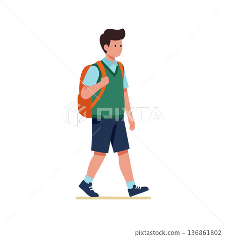 Young boy walking with backpack wearing casual summer clothes vector illustration 136861802