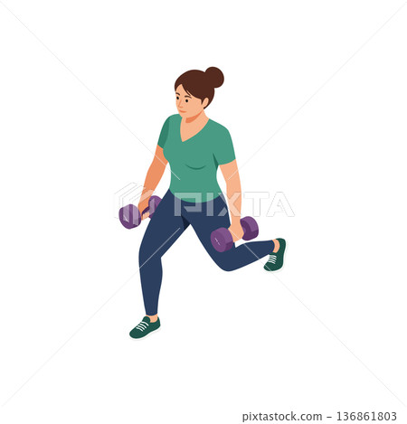 Woman exercising with dumbbells performing lunges in casual sportswear workout routine for fitness and strength training 136861803