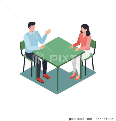 Two people sitting at green table having conversation in casual clothing with modern isometric style 136861806