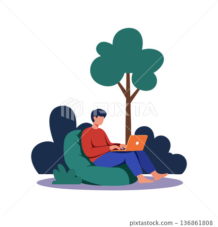 Man working remotely on laptop outdoors sitting on bean bag under tree in natural environment vector illustration Man working remotely on laptop outdoors sitting on bean bag under tree in natural environment vector illustration 136861808