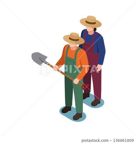 Two male farmers in hats working with shovel in farm field agricultural labor concept vector illustration Two male farmers in hats working with shovel in farm field agricultural labor concept vector illustration 136861809
