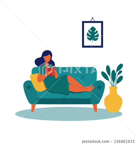 Woman Relaxing on Teal Sofa Reading Book in Cozy Living Room Decorated with Plant and Wall Art Vector Illustration Woman Relaxing on Teal Sofa Reading Book in Cozy Living Room Decorated with Plant and Wall Art Vector Illustration 136861815