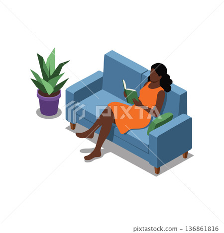 Woman reading book on blue sofa relaxing indoors with green plant and orange dress vector illustration 136861816