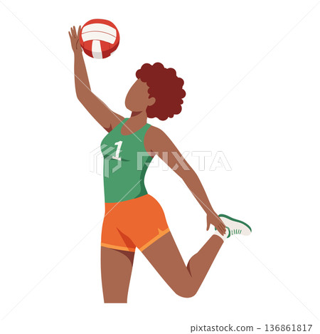 Volleyball player jumping to spike ball in green jersey and orange shorts dynamic sports action vector illustration 136861817