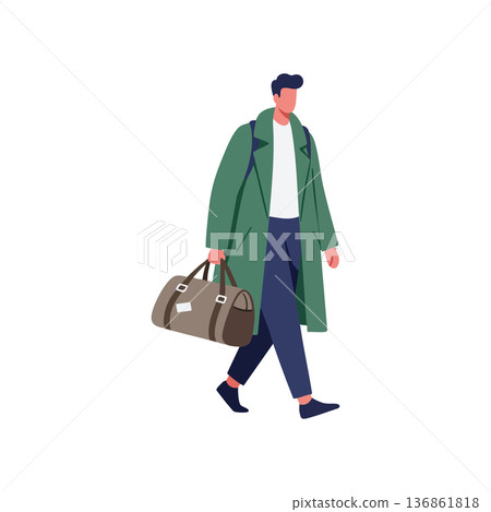 Man walking with green coat and brown duffle bag carrying travel essentials vector illustration 136861818
