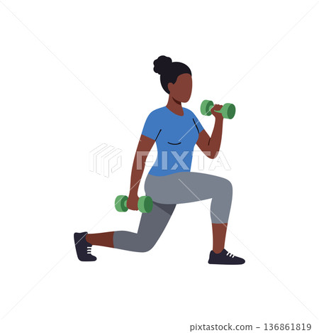 Woman exercising with dumbbells in blue shirt and gray leggings performing lunges fitness workout vector illustration 136861819