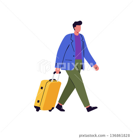 Man walking with yellow suitcase carrying luggage for travel and business trip vector illustration 136861828