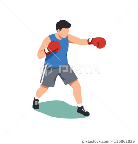 Boxer training with red gloves in blue shirt and gray shorts performing punch stance vector illustration Boxer training with red gloves in blue shirt and gray shorts performing punch stance vector illustration 136861829
