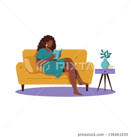 Woman reading book on yellow sofa in cozy living room with side table and vase vector illustration Woman reading book on yellow sofa in cozy living room with side table and vase vector illustration 136861830