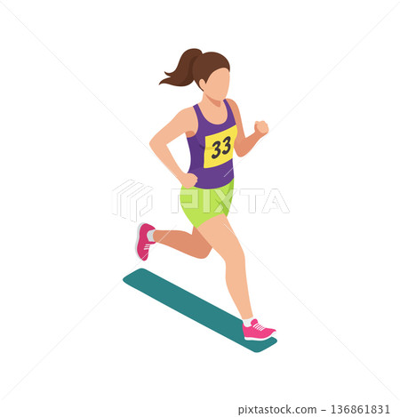 Female runner jogging in purple tank top and green shorts with pink shoes running outdoors fitness vector illustration 136861831