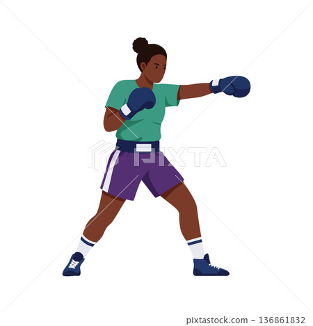 Female boxer training with purple shorts and green shirt in boxing gloves punching forward vector illustration Female boxer training with purple shorts and green shirt in boxing gloves punching forward vector illustration 136861832