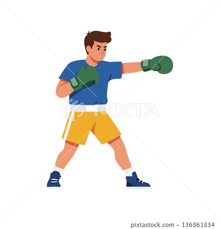 Young man boxing training with gloves in active stance wearing blue shirt and yellow shorts vector illustration Young man boxing training with gloves in active stance wearing blue shirt and yellow shorts vector illustration 136861834