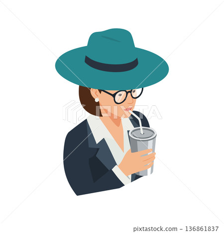Woman in green hat sipping drink through straw vector illustration in stylish outfit and glasses Woman in green hat sipping drink through straw vector illustration in stylish outfit and glasses 136861837