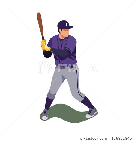 Baseball player in purple uniform preparing to swing bat during game vector illustration 136861840