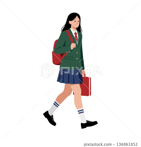 Schoolgirl walking with backpack and briefcase in uniform casual style vector illustration 136861852