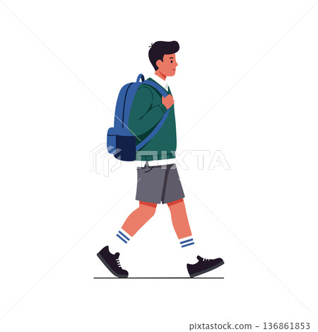 Young man walking with blue backpack in casual outfit wearing shorts and sneakers urban lifestyle vector illustration 136861853