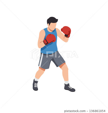 Boxer in blue tank top and gray shorts wearing red gloves training in fighting stance vector illustration Boxer in blue tank top and gray shorts wearing red gloves training in fighting stance vector illustration 136861854