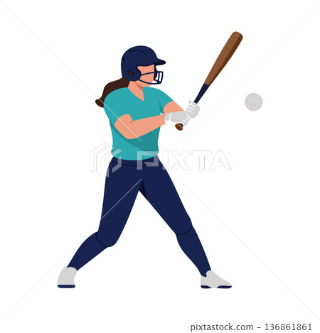 Female baseball player swinging bat hitting ball in action sports vector illustration Female baseball player swinging bat hitting ball in action sports vector illustration 136861861