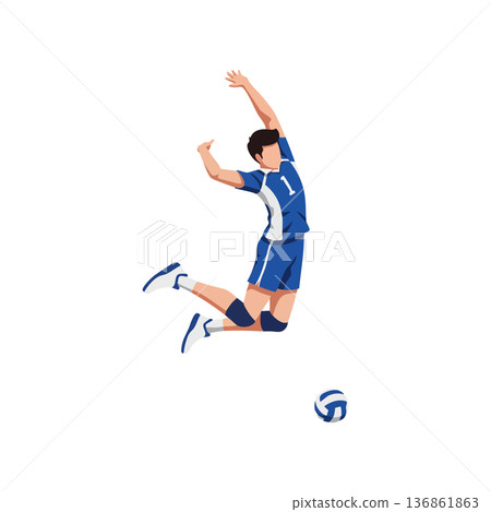 Male volleyball player jumping for spike in blue sports uniform vector illustration Male volleyball player jumping for spike in blue sports uniform vector illustration 136861863