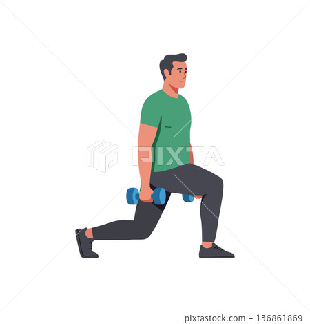 Man performing lunges exercise with dumbbells for strength training and fitness improvement in gym workout vector illustration Man performing lunges exercise with dumbbells for strength training and fitness improvement in gym workout vector illustration 136861869