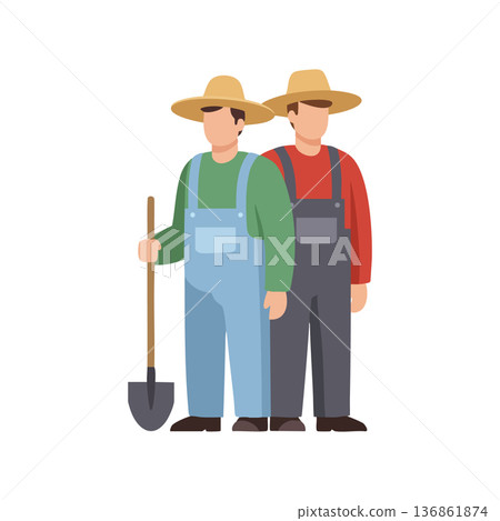 Two farmers wearing hats holding a shovel in workwear standing side by side vector illustration Two farmers wearing hats holding a shovel in workwear standing side by side vector illustration 136861874