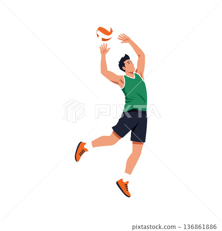 Male volleyball player jumping to spike ball in green jersey and black shorts vector illustration Male volleyball player jumping to spike ball in green jersey and black shorts vector illustration 136861886