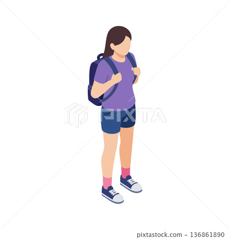 Girl standing with backpack wearing purple shirt and blue shorts casual summer outfit vector illustration 136861890