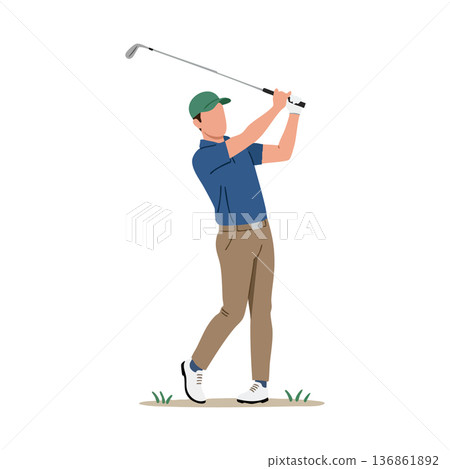 Golfer swinging golf club in casual sportswear on green field vector illustration Golfer swinging golf club in casual sportswear on green field vector illustration 136861892