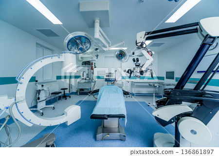 Modern equipment in operating room. Medical devices for neurosurgery. Modern equipment in operating room. Medical devices for neurosurgery. 136861897