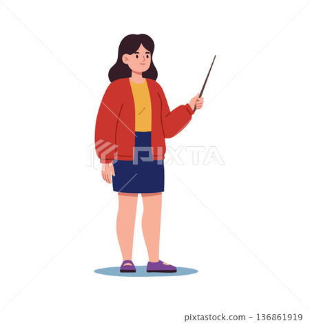 Woman holding pointer stick standing in casual outfit with red jacket and blue skirt vector illustration 136861919